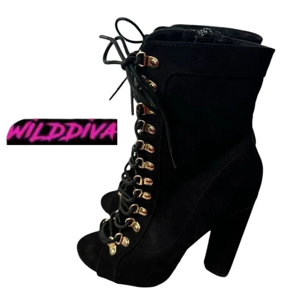 Wild Diva Women's Black Heeled Lace Up Open Toe Zipper Boots 5.5